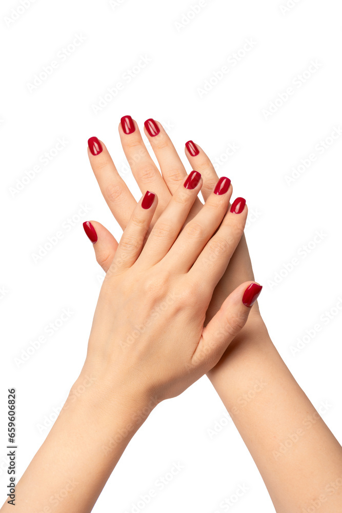 Woman hands with wine red color nails. Red nail polish. Square nail form. Woman hands with wine red color nails. Red nail polish. Square nail form.