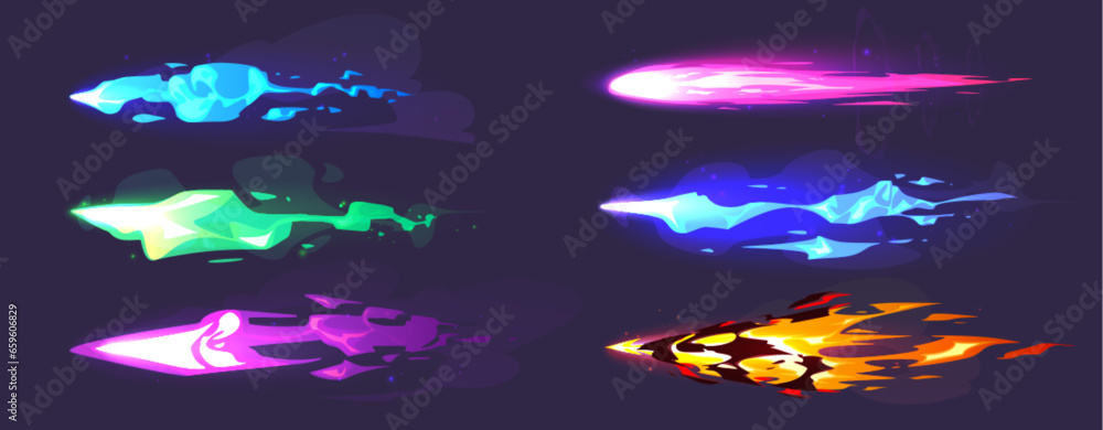 Game handgun or blaster shoot light effect. Cartoon vector illustration set of various vfx laser light and spark glow trail for fantastic weapon explosion. Gun shot flash trace with streak and steam.
