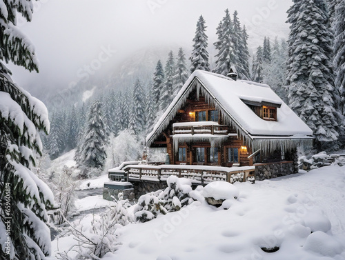 "Snow-dusted mountain retreat nestled in the calmness of nature, exuding rustic charm and tranquility." © Szalai