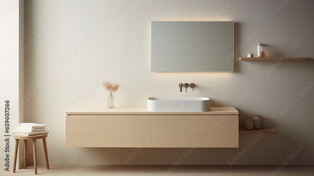 Embrace simplicity in a minimalist bathroom with a wall-mounted faucet and discreet hidden storage. Embrace simplicity in a minimalist bathroom with a wall-mounted faucet and discreet hidden storage.