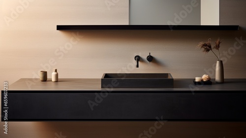 Embrace simplicity in a minimalist bathroom with a wall-mounted faucet and discreet hidden storage.
