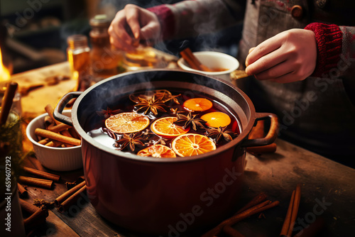 Woman cooking traditional mulled wine in pot with orange slices and spices close-up