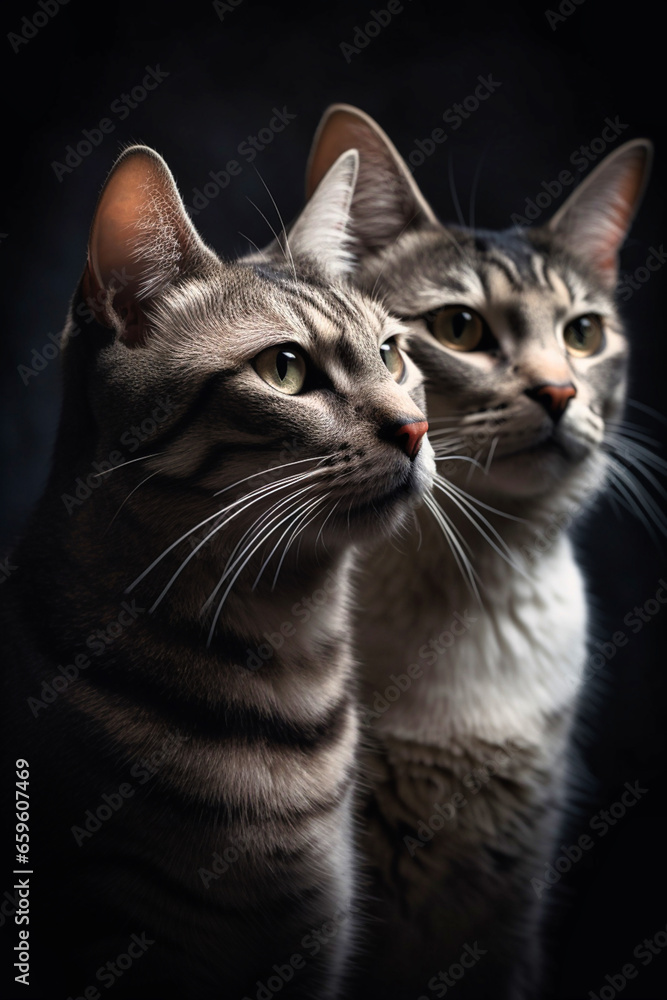 two cats leaning against each other on a black background