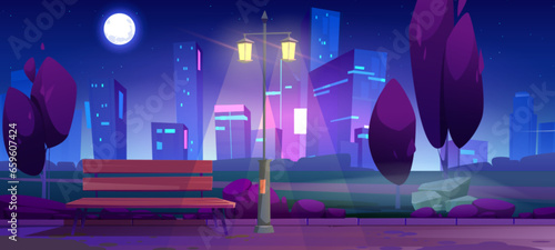 Night city park with bench and light on street cartoon landscape. Full moon in sky and neon skyscraper window glow at nighttime. Urban skyline in summer with walkway road in outside public garden