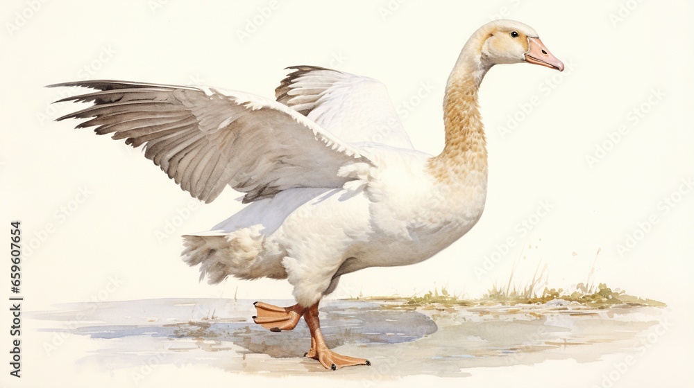 a white goose with its wings spread out standing in the water. generative ai a white goose with its wings spread out standing in the water. generative ai