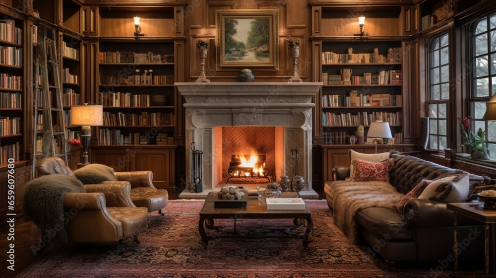 Enjoy a home library with floor-to-ceiling bookshelves and a fireplace.