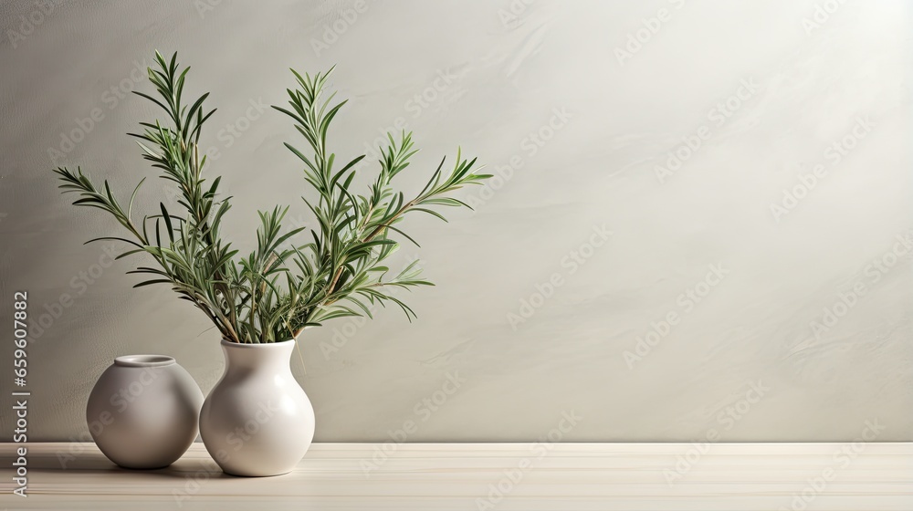 two white vases with plants in them on a table. generative ai two white vases with plants in them on a table. generative ai