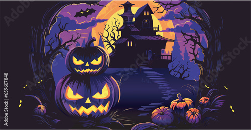 Halloween pumpkins and dark spooky on sunset background, illustration.