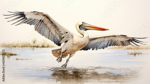 Fotografie, Obraz a large bird with a long beak standing in a body of water