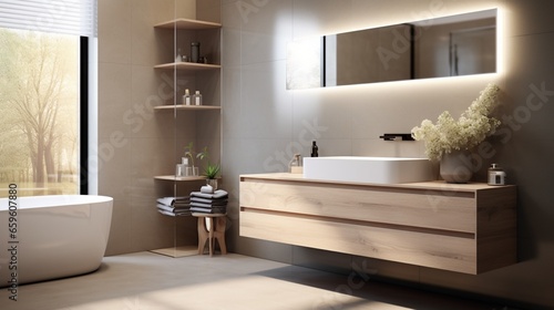 Enter a designer washroom with a floating vanity and a backlit mirror, adding a touch of glamour to your daily routine.