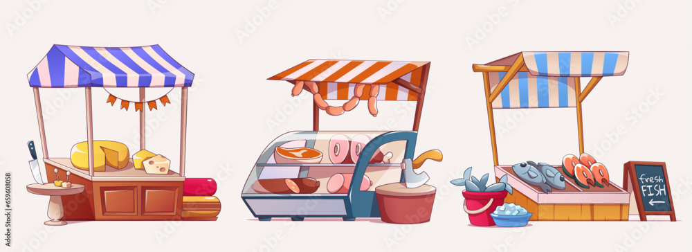 Set of market stalls selling fresh food isolated on white background. Contemporary vector illustration of fair trade shops with fish, ham, cheese on display, counters under colorful striped tents