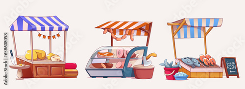 Set of market stalls selling fresh food isolated on white background. Contemporary vector illustration of fair trade shops with fish, ham, cheese on display, counters under colorful striped tents