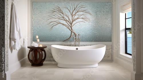 Envision a bathroom with a mosaic tile wall and a freestanding tub  creating a serene oasis for relaxation.