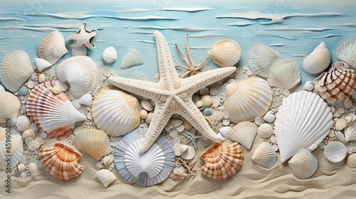  a painting of a starfish and seashells on a beach.  generative ai