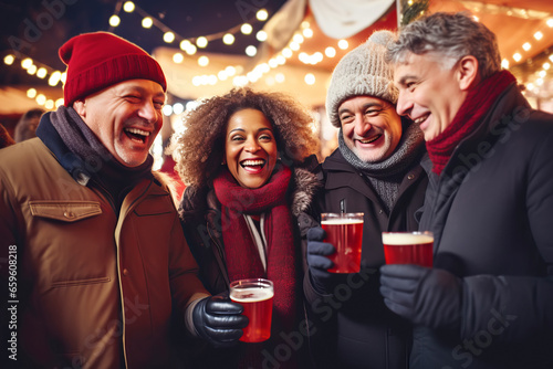 Multiracial friends of different ages drinking mulled wine at Christmas fair in festively decorated city