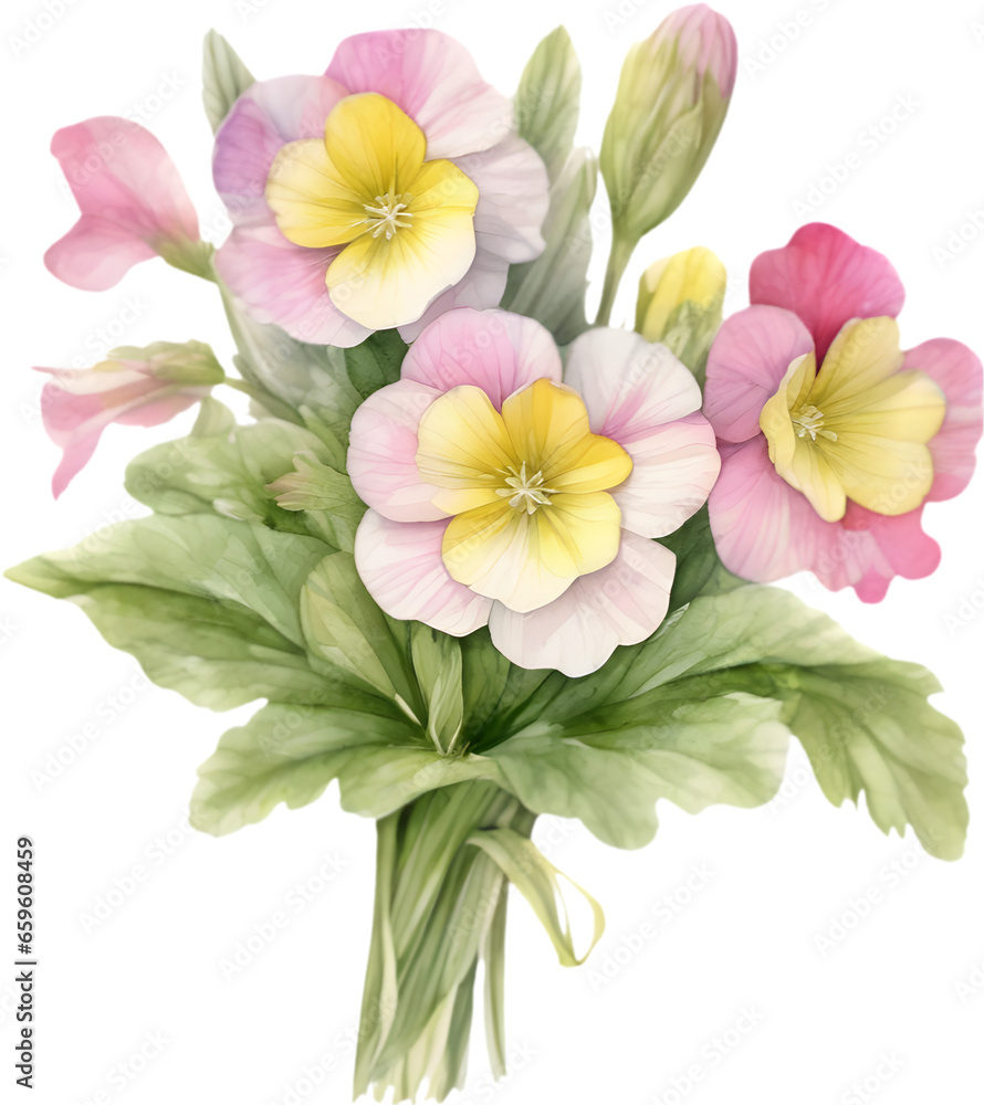 A close-up watercolor drawing of a bouquet of Primrose flowers. AI-Generated.