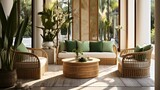 Experience an indoor lounge with rattan furniture and green accents.