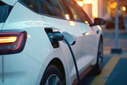 White electric car standing on the charging station. Charging process of an electric car battery.