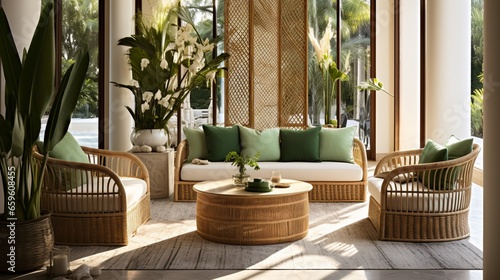 Experience an indoor lounge with rattan furniture and green accents.