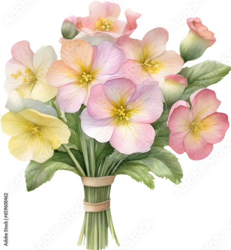 A close-up watercolor drawing of a bouquet of Primrose flowers. AI-Generated. © Pram