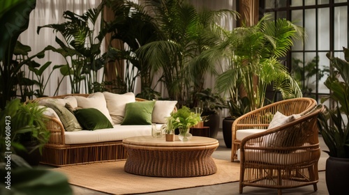 Experience an indoor lounge with rattan furniture and green accents.