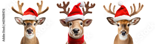 Set of Christmas deer wearing Santa Claus hat isolated on white background - Generative AI