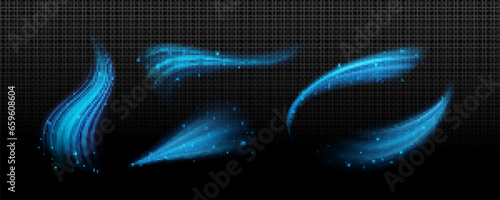 Set of cool air flow effects isolated on transparent background. Vector realistic illustration of blue light waves with shimmering particles, cold wind, fresh breeze whirlwind, magic power trail