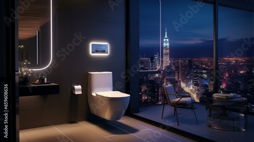 Experience the future in a high-tech bathroom with a smart toilet and voice-controlled lighting. It s a space where technology meets comfort.