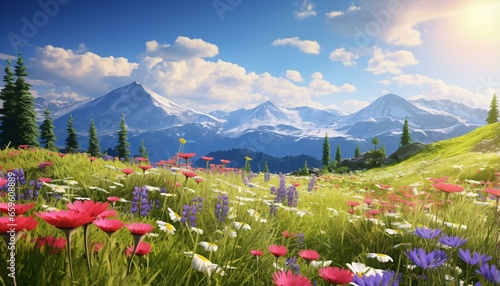 Fototapeta Naklejka Na Ścianę i Meble -  a field of flowers with mountains in the background