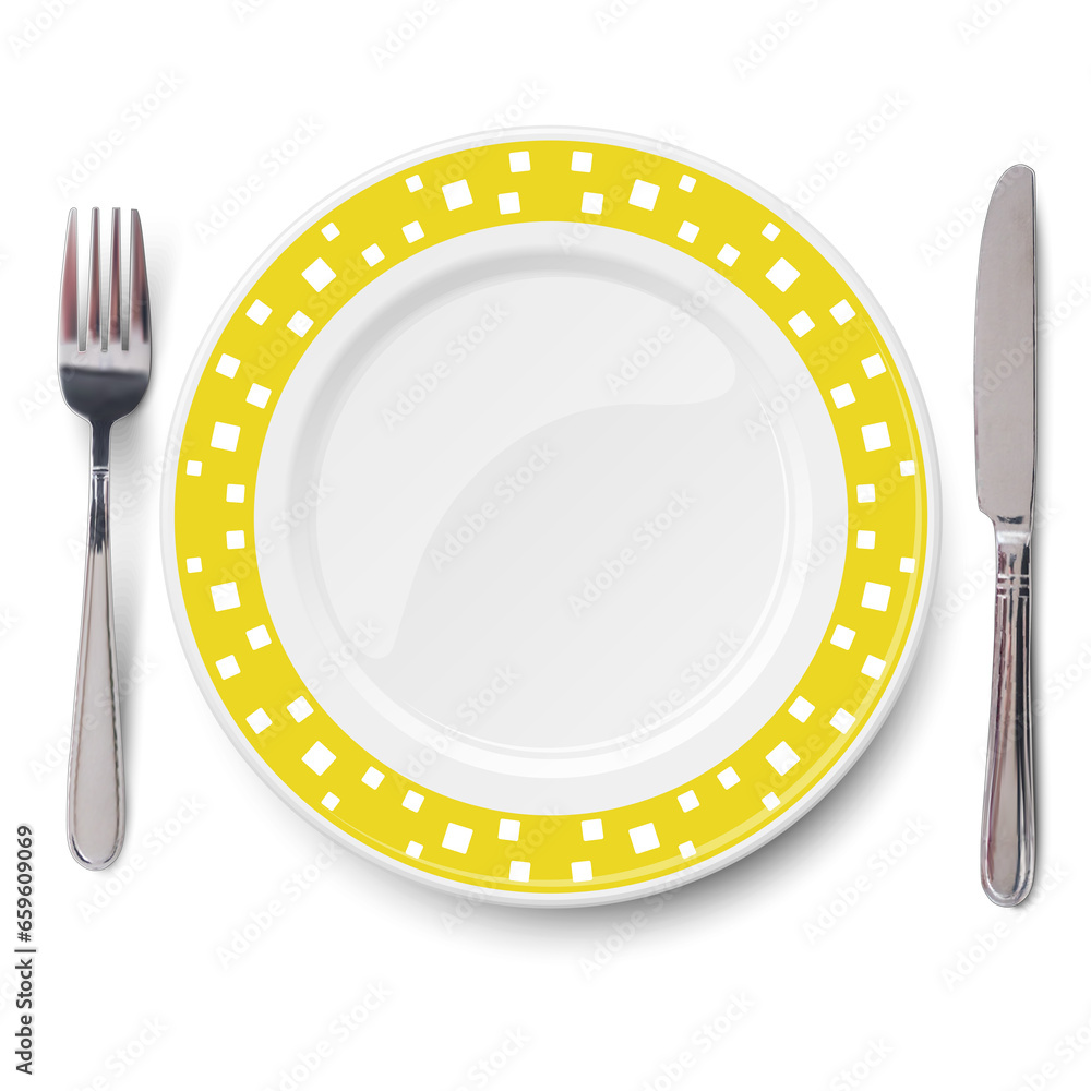 Empty yellow dish with white chaotic pattern on white background and knife and fork isolated. Close up view from above. Empty yellow dish with white chaotic pattern on white background and knife and fork isolated. Close up view from above.