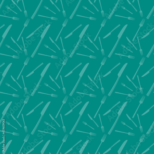 Seamless pattern on aquamarine background consisting of randomly arranged images of a fork and a knife