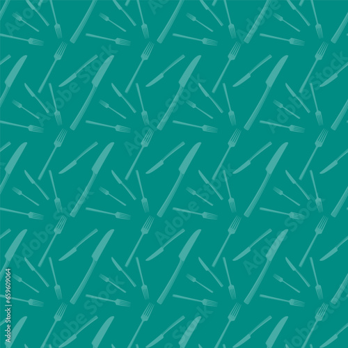 Vector seamless pattern on aquamarine background consisting of randomly arranged images of a fork and a knife