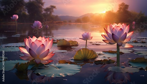 a group of pink flowers in a pond © KWY