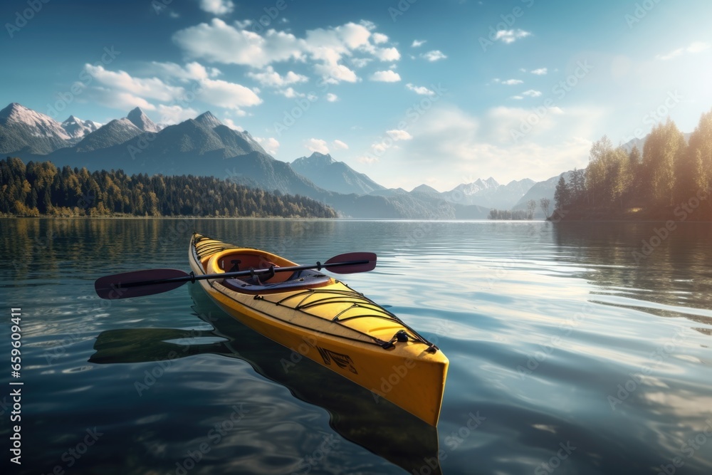 A vibrant yellow kayak peacefully floating on the calm surface of a serene lake. Perfect for outdoor enthusiasts and adventure seekers.