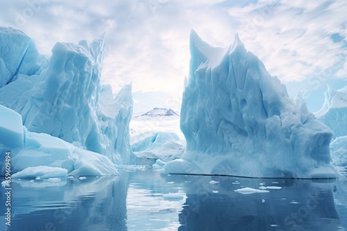 a group of icebergs in the water