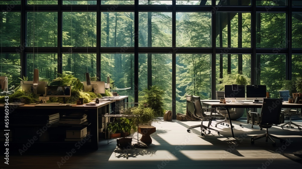 Productive and relaxing office space with forest outside the window.
