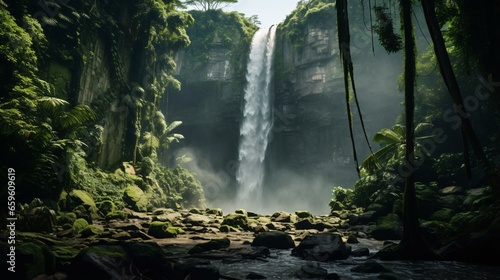a waterfall in a forest photo