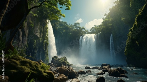 a waterfall over rocks and trees