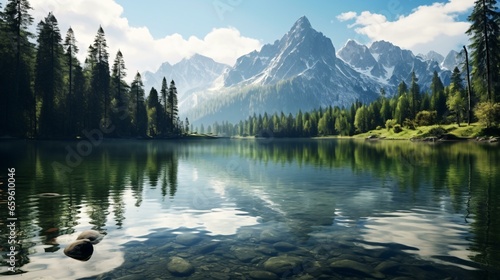 a lake with trees and mountains in the background