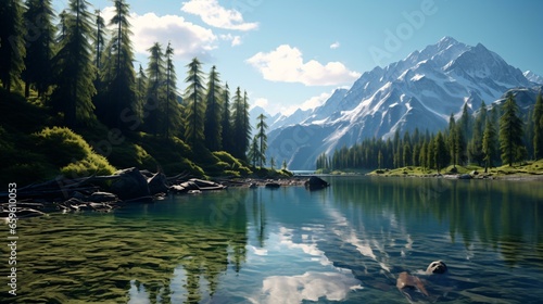 a lake with trees and mountains in the background © KWY