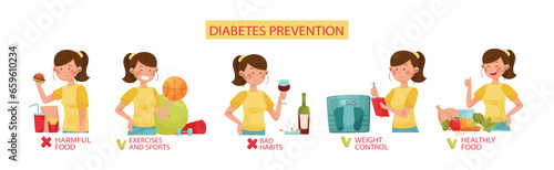 Young Woman Character Showing Measures Preventing Diabetes Vector Illustration Set