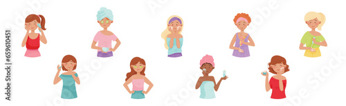 Young Girl Enjoy Face Care and Beauty Skin Treatment Vector Set