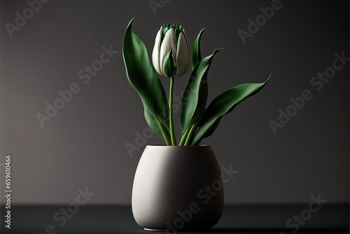 a white vase with a green plant in it on a table top with a dark background and a gray wall. Generative ai