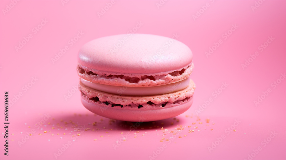 Pink French macaroon in center on pink background Pink French macaroon in center on pink background