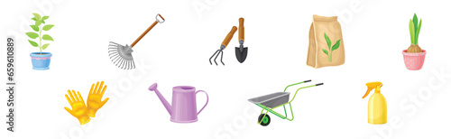 Garden Tool and Instrument with Rake, Plant in Pot, Watering Can, Gloves and Fertilizer Vector Set