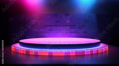 neon lightning beautiful Abstract minimalistic product podium made of mosaic tiles. Presentation of the Product Scene. Geometric Platform Stage Pedestal in a 3D Room
