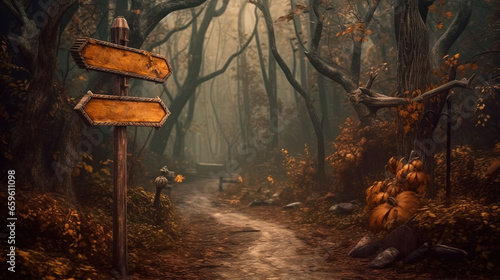 Signboard at the enty of dark fairytale village in Halloween style.