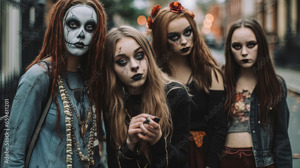 Group of teenagers in spooky makeup for Halloween holiday. Teen friends celebrating Halloween on the street. Group of teenagers in spooky makeup for Halloween holiday. Teen friends celebrating Halloween on the street.