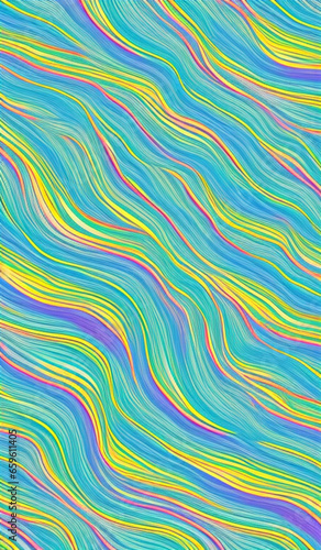 Motley pied stripes, waves, lines, curls and bumps. Abstract beautiful background. Soft voluminous wavy lines of different color. Ripple movement fluctuation. Colorful background. Generated by AI.