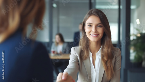 Job interview. Beautiful woman extends her hand for a handshake with a interviewer.